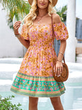 Bohemian Off Shoulder Puff Sleeve Print Beach Dress for Lady