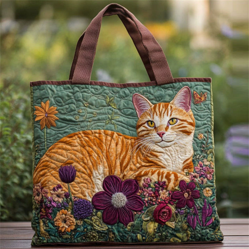 Dark Green Cat Floral Print Tote Bag for Women