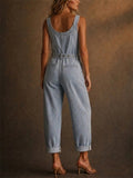 Womens Sleeveless Zip Front Utility Light Wash Denim Jumpsuit
