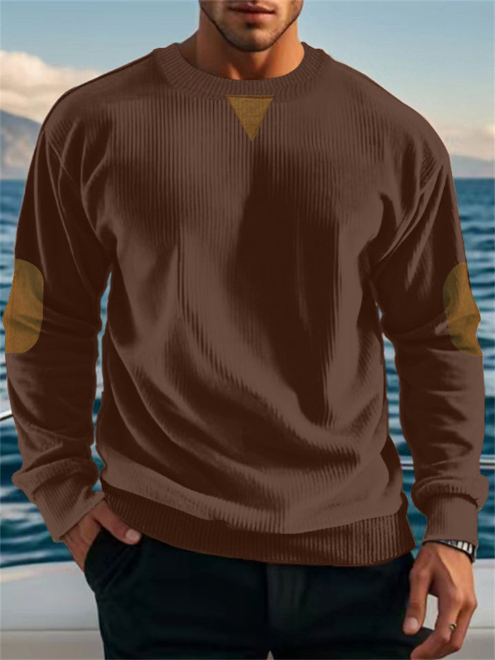 Men's Corduroy Contrast Color Round Neck Long Sleeve Shirt