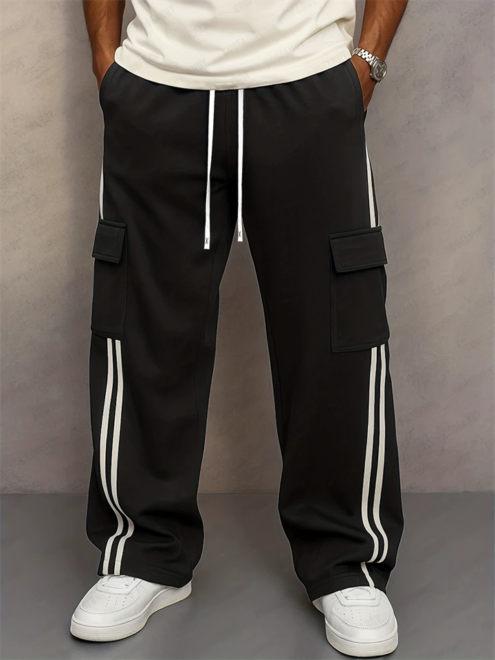 Men's Loose Fit Cargo Pants with Side Stripes and Flap Pockets