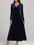 ‌Women's Elegant V-Neck Long Sleeve Velvet Maxi Dress‌