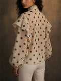 Women French Style Polka Dots Heart Print Ruffle Lantern Sleeve Blouse