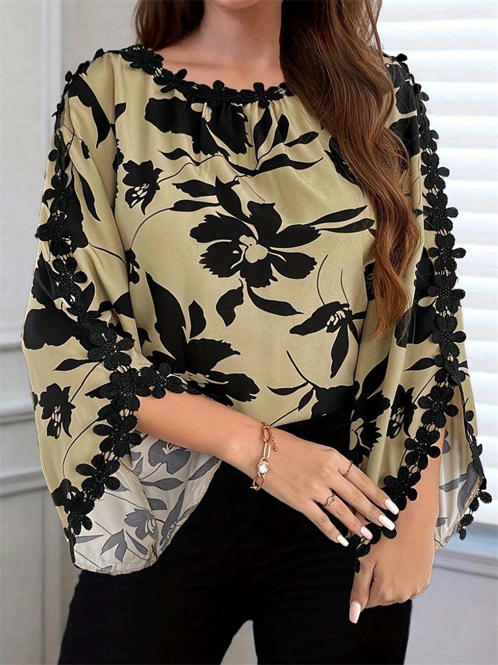 Plus Size Women's Elegant Flowers Print Patchwork 3/4 Sleeve Shirts