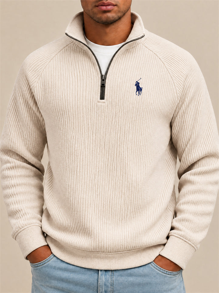 Men Ribbed Knit Half Zip Slim Fit Casual Pullover Sweatshirt