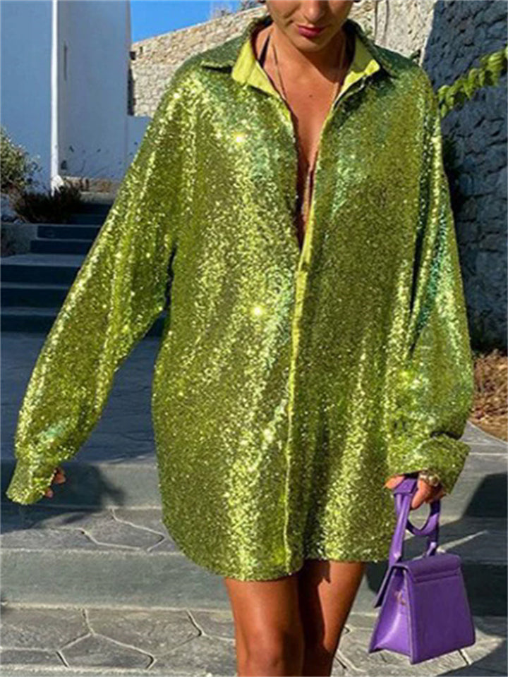 Women's Solid Color Bling Sequin Lapel Long Sleeve Blouses