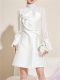 Women's White Long Sleeve Semi High Neck Patchwork Dress