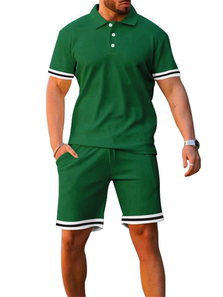 Men's Vacation Style Lapel Pullover Polo Shirt + Sport Shorts