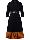 Women's Mid Sleeve Office Lady Style Blazer Collar Pleated Midi Dress With Belt