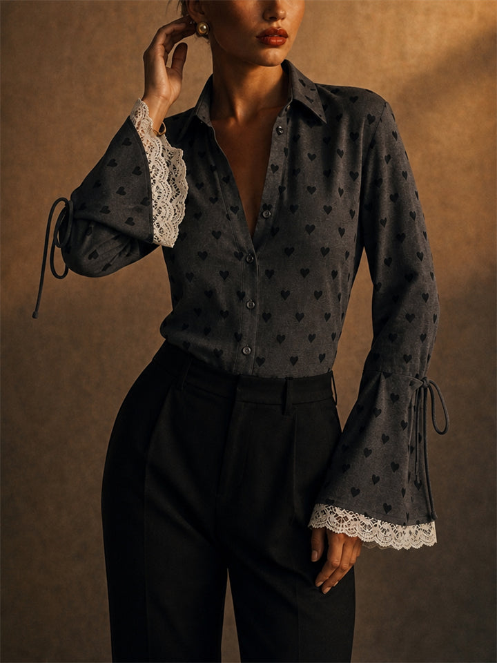Womens Heart Print Tie Flare Sleeve Lace Trim Button Blouse