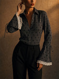 Womens Heart Print Tie Flare Sleeve Lace Trim Button Blouse