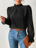 Lady Fashion Wavy Print Ruffle Sleeve Half Turtleneck Chiffon T-shirts