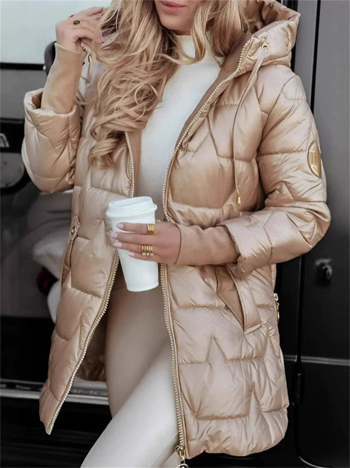 Women's Winter Casual Solid Color Zip Up Hooded Mid-length Coats