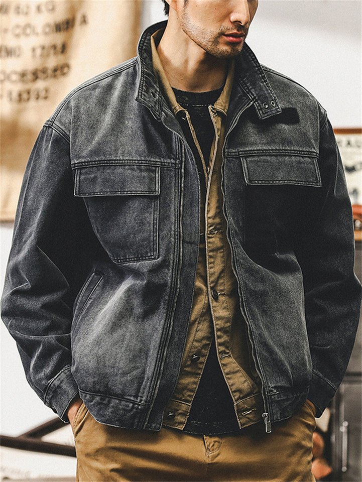 Retro Black Long Sleeve Lapel Cargo Denim Coat for Men