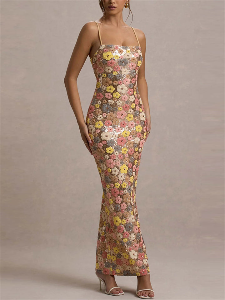 Women's Summer Flowers Patchwork Sequined Slim Fit Maxi Dress