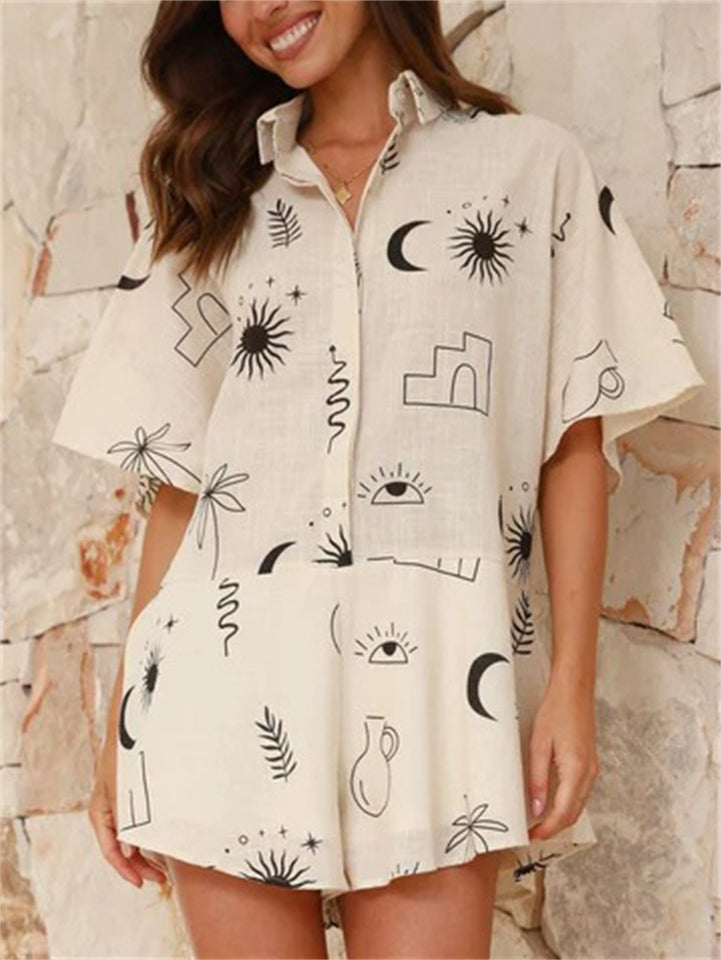 Women's 2pcs Casual Simple Print Button Up Short Sleeve Top & Pants Set