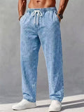 Mens Distressed Wash Drawstring Elastic Waist Relaxed Fit Jeans