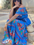 Women's Flower Print Off Shoulder Bohemian Dress