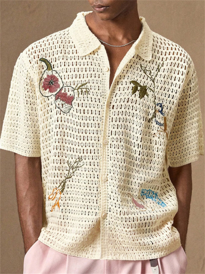 Men's Summer Hollow Cartoon Crochet Button Up Short Sleeve Polo Shirts