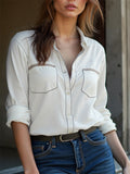 Classic Imitation Denim White Button Up Blouses for Women with Pockets