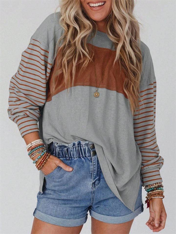 Round Neck Long Sleeve Contrast Color Stripe Shirts for Women