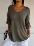Autumn V Neck 3/4 Sleeve Knitted Sweater for Women