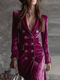 Elegant Purple Velvet Double Breasted Lapel Slit Maxi Dress for Women