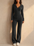 Women Ribbed Knit 2 Piece Set Zip Up Top Flare Pants Tracksuit