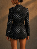 Womens Black Polka Dot Belted Blazer Slim Fit Suit Jacket