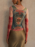 Women Vintage Graphic Sheer Long Sleeve Slim Fit Mesh Top