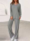Women's Simple V Neck Long Sleeve Loose Fit Comfy Top and Pants Set