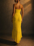 Womens Sexy Ruched Ruffle Bodycon High Low Slit Maxi Dress