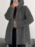 Women's Winter Solid Color Pit Stripe  Button Up Hooded Fleece Coats