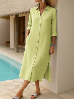 Women's Elegant Solid Color Lapel Button Up Long Sleeve Shirt Dress