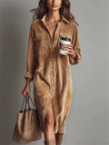 ‌Women's Vintage Elegant Button Up Corduroy Dress‌ with Pockets
