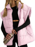 Women's Casual Solid Color Zip Up Pockets Stand Collar Sleeveless Vest Padded Coats