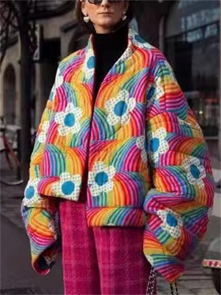 Women's Contrast Color Rainbow Flowers Print Long Sleeve Cardigan Coat