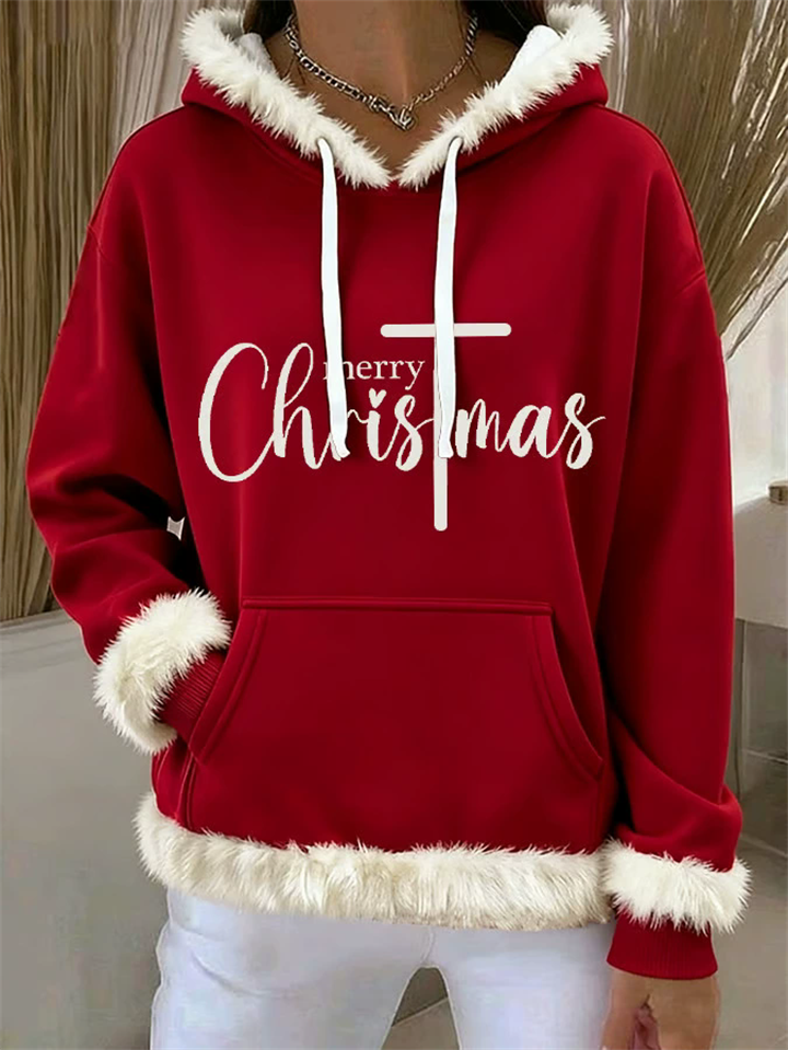 Women Christmas Print Hooded Contrast Trim Pullover Sweatshirt Top
