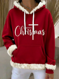 Women Christmas Print Hooded Contrast Trim Pullover Sweatshirt Top