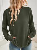Women's Casual Solid Color Split Round Neck Long Sleeve T-Shirt