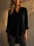 Women Velvet Oversized Button Down Long Sleeve Shirt
