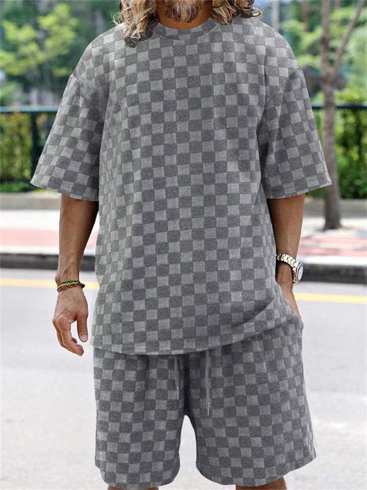 Men's Cozy Round Neck Plaid Shirt + Casual Shorts Sets