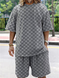 Men's Cozy Round Neck Plaid Shirt + Casual Shorts Sets