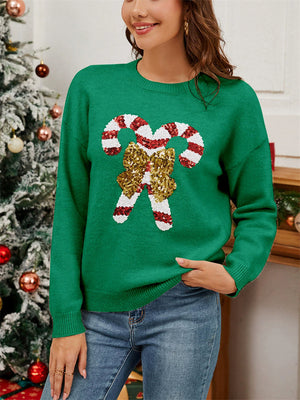 Women's Candy Cane Bow Sequined Pullover Long Sleeve Christmas Sweaters