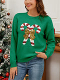 Women's Candy Cane Bow Sequined Pullover Long Sleeve Christmas Sweaters