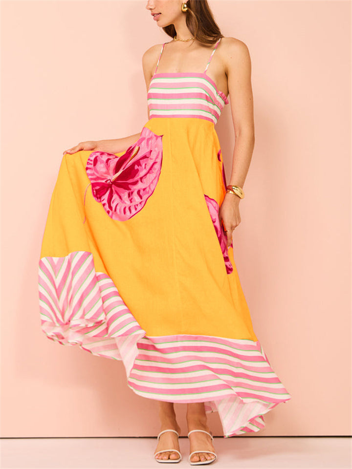 Women's Summer Holiday Style Leaf Print Big Hem Strap Maxi Dress