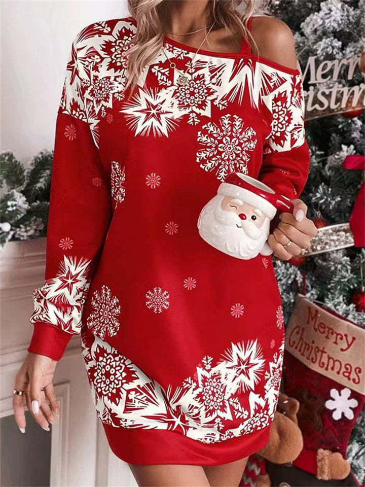 Women's Christmas Snowflake Printed Long-sleeved Off-shoulder Dress