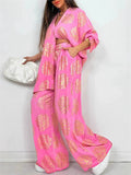 Women's Gold Floral Print Button Up Loose Fit Top and Wide Leg Pants Set‌