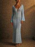 Women Boho Bell Sleeve Backless Crochet Knit Maxi Dress