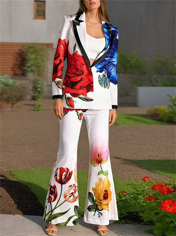 Fashion V-Neck Flower Print  Jacket & Pants Women's Suits